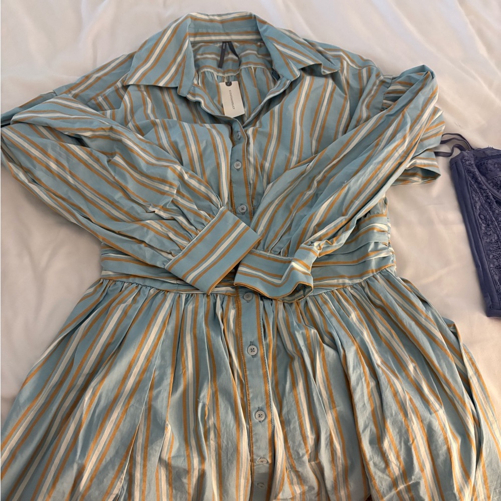 Anthropologie Blue and Gold Striped Long Sleeve Dress